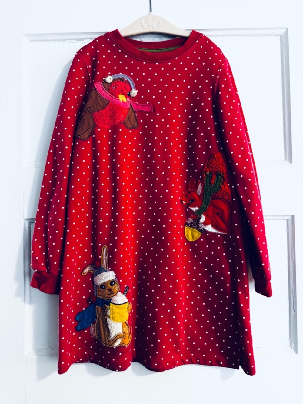 Mini Boden Red Polka Dot Kids' Dress with Woodland Animal Appliqués